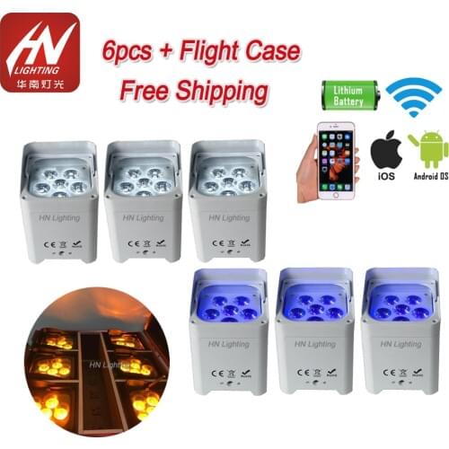 6pcs with case smart dj par battery dmx wireless wifi uplighting 6led*6in1 18w RGBWAUV akku par for Disco wedding lighhts