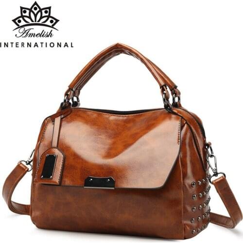 AMELISH Fashion Genuine Leather Boston Top-handle Women Bags High Quality Vintage Designer Shoulder Handbags Female Travel Purse