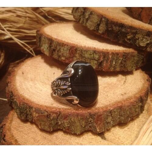 LARGE MIDDLE ROUND BLACK STONE CHIC STONE PATTERNED ORNAMENTAL CHARISMATIC RING 925 SILVER Muslim Ring