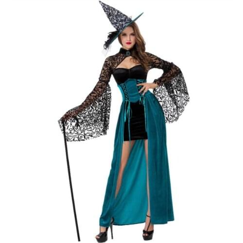 Black lace sexy Halloween witch long vampire suit queen costume black long sleeve with hat A017