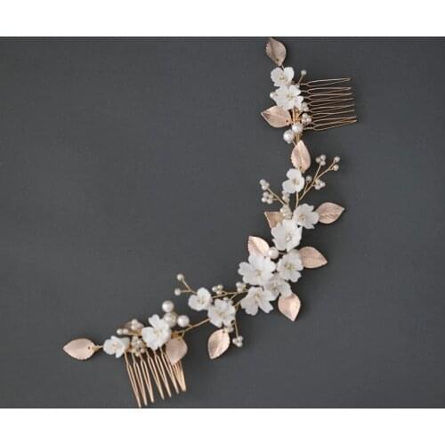 Gold Leaf Bridal Long Comb Hair Piece White Porcelain Flower Wedding Prom Accessories Hair Combs Women Headpiece