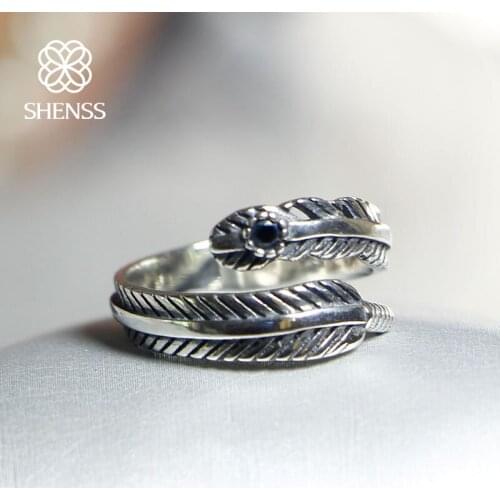 Elegant Quality 925 Rings Vintage Red Steel Jade Feather Ring 925 Sterling Silver Ring Unisex for Women Adjustable