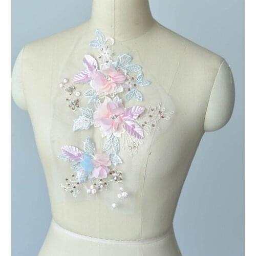 Pink Flowers Lace Fabric Embroidered Wedding Appliques Sew Patch For Evening Dress DIY Decoration