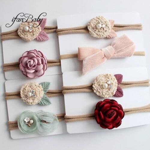 Cute flower headband girl kids nylon headband burn fabric flower with rhinestone bow headwear