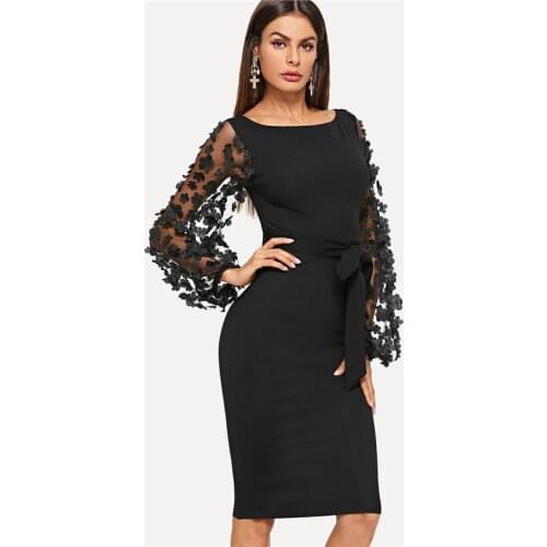 Fashion Elegant Lace Flower Applique Contrast Mesh Sleeve Matching Form Belted Solid Dress Women Streetwear Party Dresses