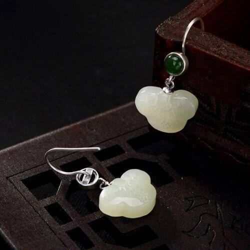 Natural 925 sterling silver inlaid hetian jade white jade butterfly retro earrings jewelry simple individuality for women