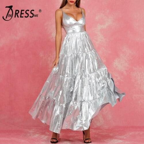 INDRESSME 2019 New Sexy Spaghetti Straps Plunging Neckline Maxi Dress Sparkling Party Club Outfit