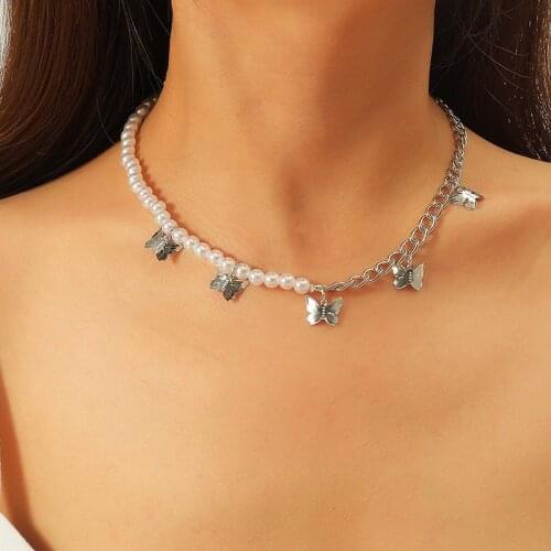 New Bohemian Design Silver Color Butterfly Necklace Simulated Pearl Choker Necklaces For Women 2021 Fashion Party Jewelry Gift