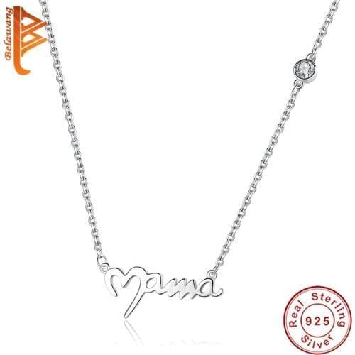Simple Crystal Long Necklace 925 Sterling Silver Heart MAMA Pendant Necklace for Women MOM Birthday Mothers Day Jewelry Gift