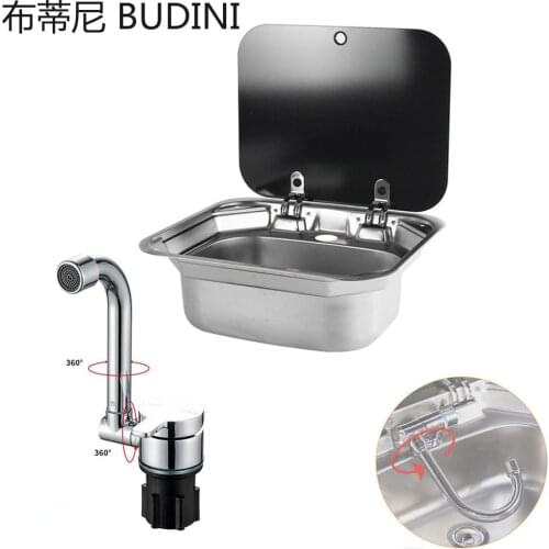 Boat Sink RV Caravan Stainless Steel Hand Square Wash Basin Sink with Tempered Glass Lid Bathroom Sink Kitchen Outdoor Sink