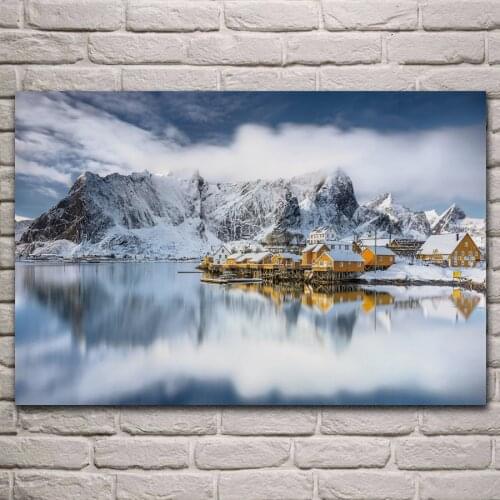 Sakrisoy snowy harbour lofoten nature landscape fabric poster living room home wall decorative canvas silk art prints KL689