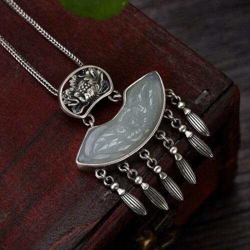 Silver Mosaic And Tian Yu White Jade Peony Flower Like Winged Fringes High-grade Female Sweater Chain Pendant Batch