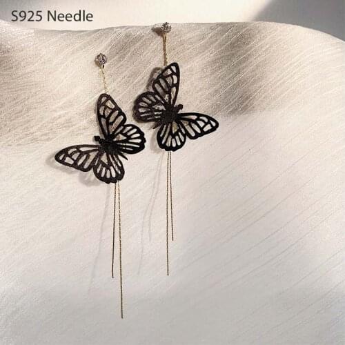 925 Sterling Silver Needle Dangle Drop Earrings for Women Jewelry Vintage Black Butterfly Female Earrings