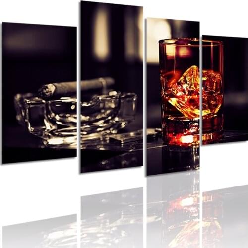 Modern Whisky Cigar 4 Panels Canvas Painting HD Poster Wall Art Print Picture for Living Room Interior Home Decoration Frame