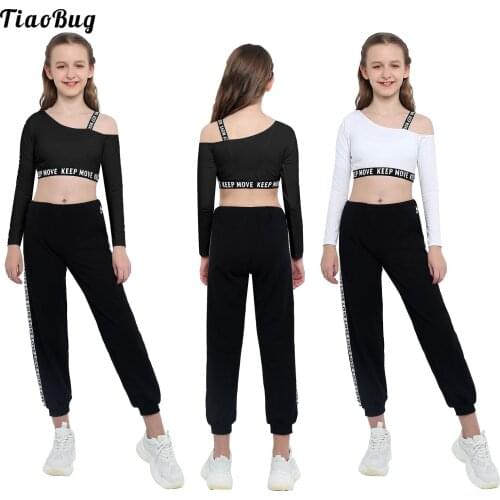 4-16 Kids Girls Sport Suit Asymmetric Shoulder Long Sleeve Letters Printed Sportswear Midriff-Baring Tracksuit Pants Set