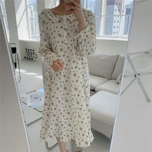 Floral Print Spring Nightgown Sweet Cotton Korean Sleepwear Loose Long Sleeve Sleep Dress O-Neck Home Clothes Homewear