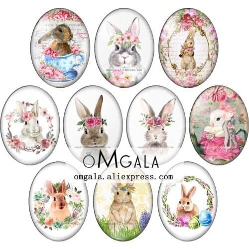 Vintage Flowers Rabbit Bunny Art Paintings 13x18mm/18x25mm/30x40mm Oval photo glass cabochon flat back Making findings