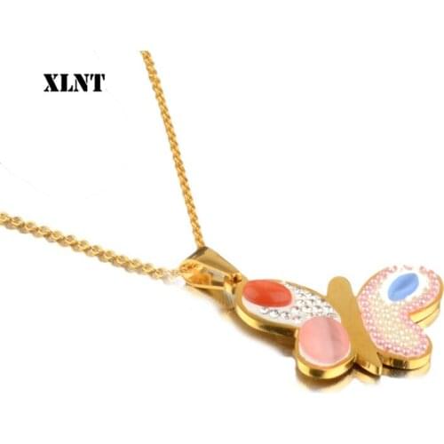 XLNT Gold Color Crystal Butterfly Pendant Choker Necklace For Women Good Quality Short Stainless Steel Jewelry Best Selling