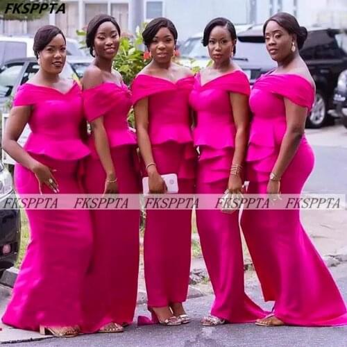 Hot Pink Mermaid Long African Bridesmaid Dress 2021 Wholesale Off The Shoulder Satin Formal Gowns For Maids Of Honor Party Dress