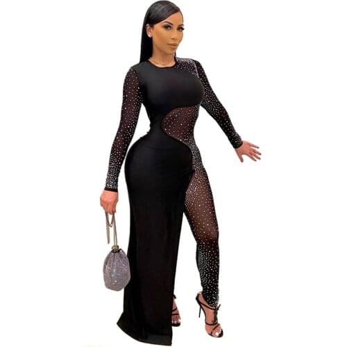 STYLISH LADY Crystal Mesh Romper and Jumpsuit 2020 Autumn Women Long Sleeve O Neck Bodycon Hollow Out Club Party Shiny Overalls