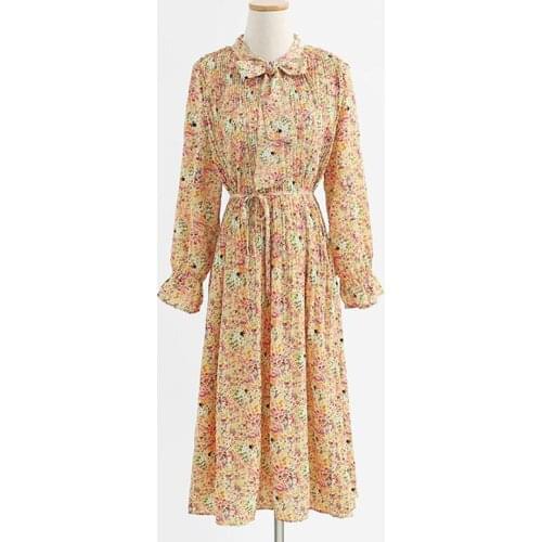 Elegant Women Dress New 2021 Spring Autumn Bow O Neck Flare Sleeve Chiffon Dresses Ladies Vintage Floral Printed Long Dress