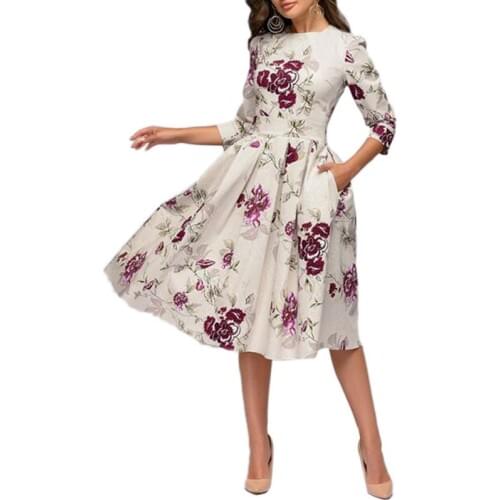 New Womens Large Size Round Neck Vintage Patchwork Pockets Puffy Swing Casual Party Dress A-line Dress Hot Sale