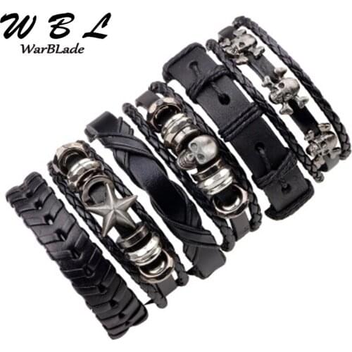 WarBLade Black Men Genuine Leather Bracelet 6pcs/SetSkull Braided Bracelets Bangle Punk Wrap Wristband For Male Jewelry Vintage