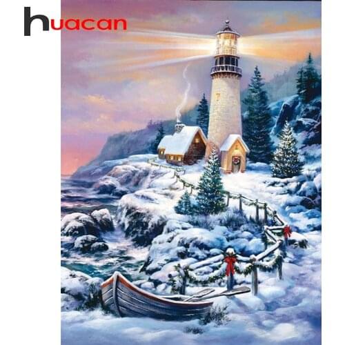 Huacan Diamond Embroidery Mosaic Lighthouse Landscape 5D DIY Diamond Painting Winter Picture Of Rhinestones Home Decor