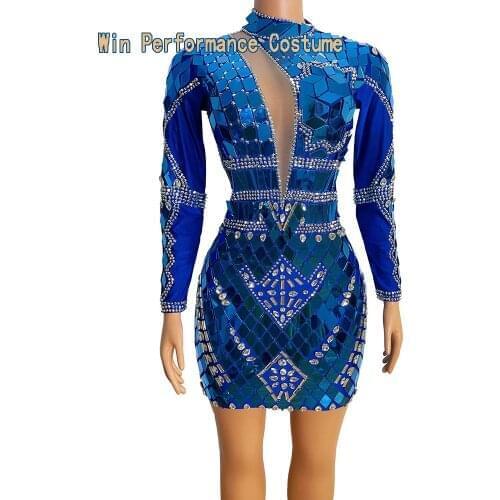 Flashing Silver Sequin Short Mesh Dress Birthday Celebrate Spandex Mirror Outfit Prom Party Bar Women Dancer Dress