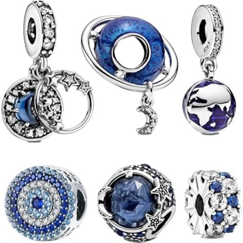 2021 New S925 Sterling Silver Shining Earth Moon Charm Fit Original 3mm Bracelet&Bangle For Women Birthday Fashion Jewelry Gift