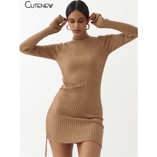 Cutenew Woolen Drawstring Long Sleeve Half High Collar Mini Dress Womens Outfits Summer Casual Skinny Corset Solid Lady Dresses