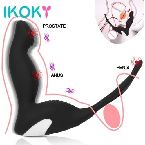 IKOKY Male Prostate Massage Vibrator Anal Plug Silicone Prostate Stimulator Butt Plug Delay Ejaculation Ring Sex Toys For Men