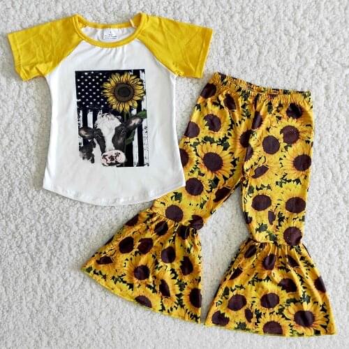 Ready To Ship Girl Short Sleeve Outfit High Quality Kids Cute Cows Print Shirt Sunflowers Bells Infants Stitching Clothing Set