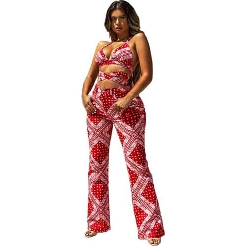 Two Piece Set Women Clothing Sexy Halter Hollow Print Crop Top Pants Sets Party Nightclub Streetwear Y2k Clothes Wholesale Items