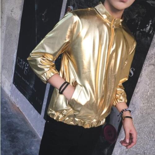 Loose jacket men casual clothes jaqueta masculina chaqueta Punk hot metal color glossy mens jackets and coats stand collar gold