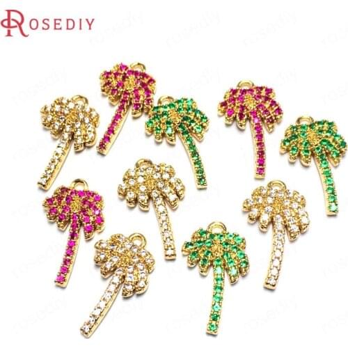 38642)6PCS 9x16MM 24K Champagne Gold Color Brass and Zircon Coconut Tree Charms Pendants Jewelry Making Diy Accessories
