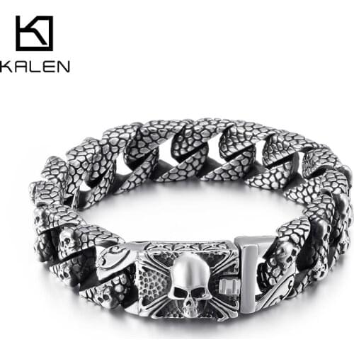 16mm Skull Head Cross Cuban Bracelet Men Stainless Steel 316L Punk Party Jewelry