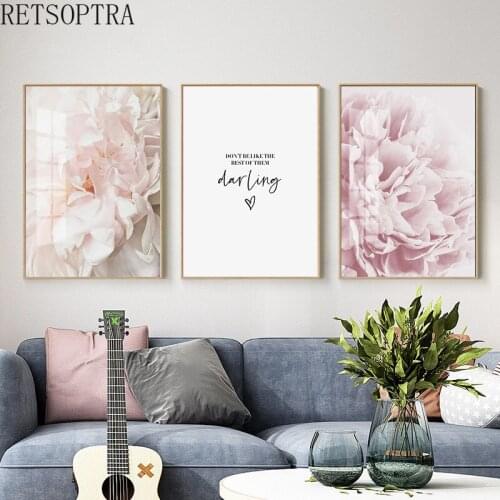 Art Pink Flower Letter Canvas Print Poster Peony Floral Print Painting Nordic Style Wall Picture Modern Living Room Decoration