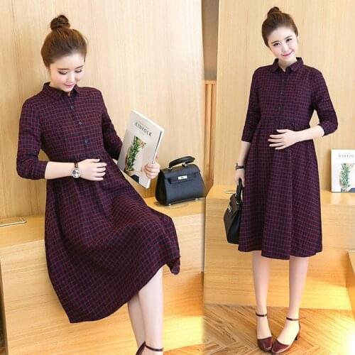 2021 New Maternity Dress Clothes Literary Plaid Loose Maternity Skirt High Waist Mid-length Maternity Dress Maternity Blouse