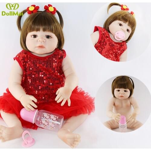 Full silicone reborn baby doll real baby girl princess doll with red dress 22"55cm bebes reborn com corpo de silicone menina