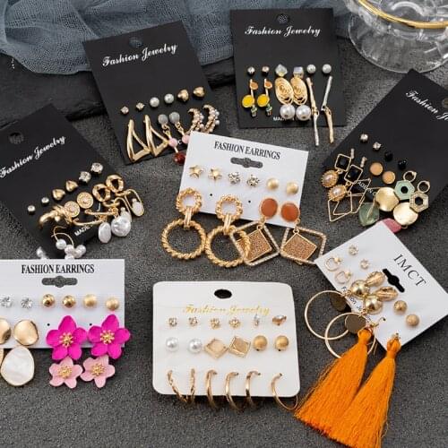 New Womens Set Tassel Pearl Acrylic Earrings For Women Bohemian Fashion Jewelry 2021 Trendy Geometric kolczyki Hoop Earings