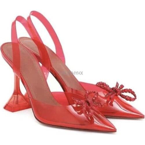 Big Size 44 45 Women Pumps Elegant Pointed Toe Rhinestones High Heels Wedding Shoes Crystal Clear Heeled Slingback Pumps Sandals