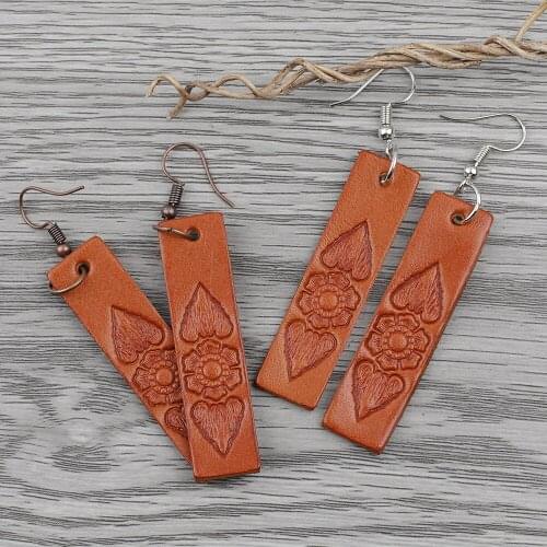 Vintage Genuine Leather Earring Rectangle Carving Long Drop Dangle Earrings for Women Jewelry Findings
