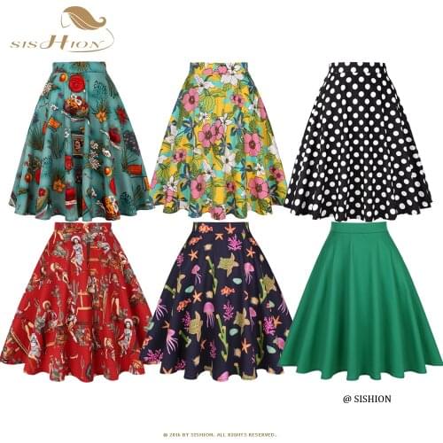 SISHION 2021 Floral Print Women Skirts Summer Green High Waist Casual Vintage Swing Retro Skater Midi Skirt faldas mujer VD0020