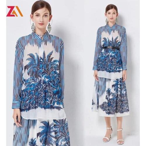 ZALady runway casual vintage printed shirt blouses tops and midi skirts autumn stripe two piece sets women suits 2piece female
