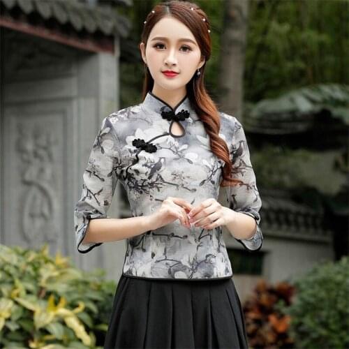 Ladies Chinese Tops 2020 Cheongsam Top Retro Oblique Shirt Hollow Out Mandarin Collar Shirt Chinese Style Clothing Women 11268