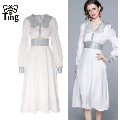 Tingfly Vintage Elegant Beading Peter Pan Collar Women Dress Summer Spring A Line Casual White Dresses Large Size Robes Clothing