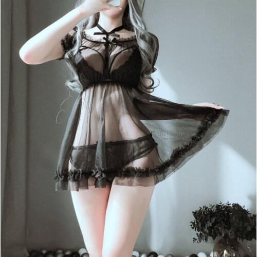 3pc Sexy Nightdress Maid Anime Cosplay Lingerie Underwear Mesh Perspective Lace Mesh Hanging Neck Bra