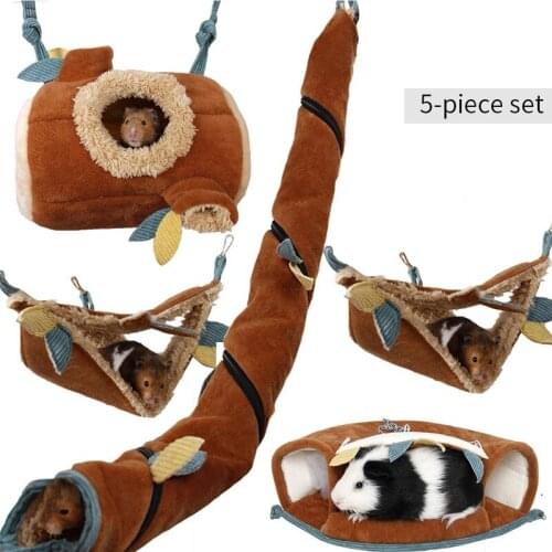 5pcs Hamster Hanging Cage Accessories Set Leaf Wood Design Small Animal Hammock Channel Ropeway Swing for Guinea Pig Rat Birds
