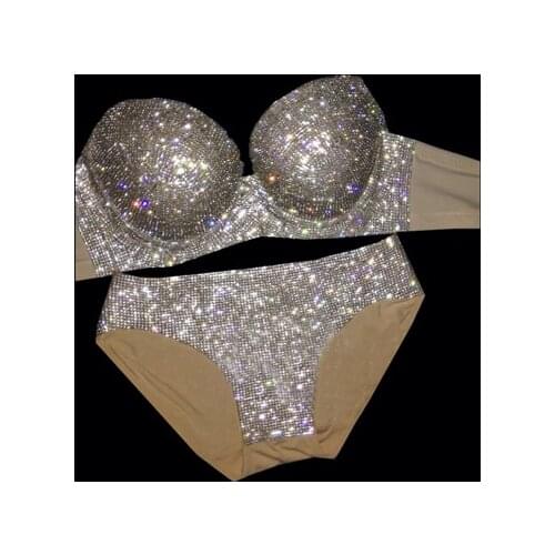 BLING favors Crystals Rompers Womens sexy Jumpsuit Party Costume Stage Wear Bodysuit Women Singer Rhinestones Nude Color Outfit